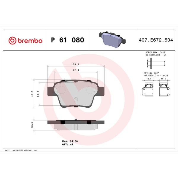 Bromsbeläggsats, Bakaxel Brembo P 61 080 BREMBO
