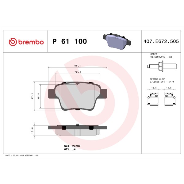 Bromsbeläggsats, Bakaxel Brembo P 61 100 BREMBO