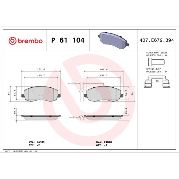 Bromsbeläggsats, Framaxel Brembo P 61 104 BREMBO