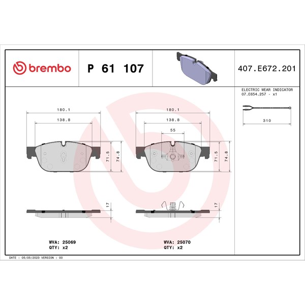 Bromsbeläggsats, Framaxel Brembo P 61 107 BREMBO