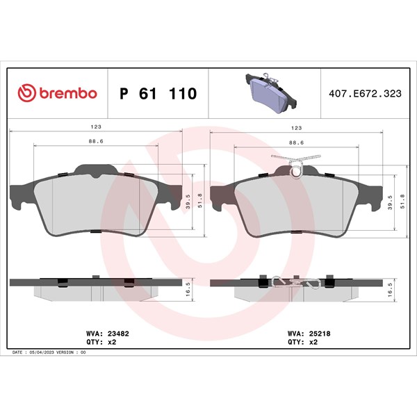 Bromsbeläggsats, Bakaxel Brembo P 61 110 BREMBO