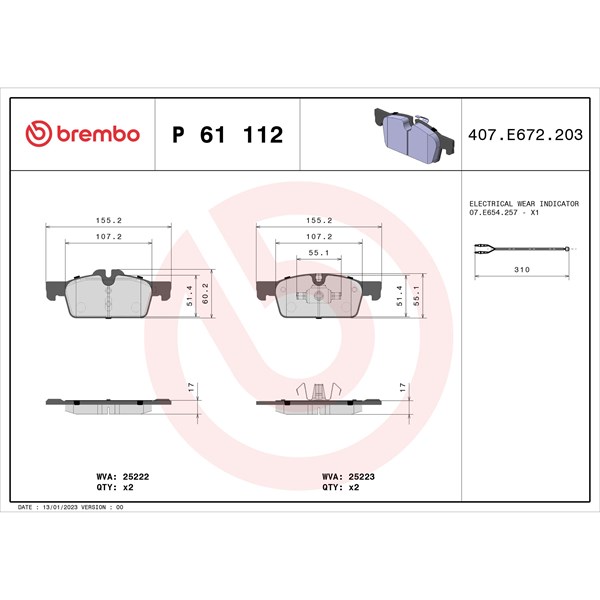 Bromsbeläggsats, Framaxel Brembo P 61 112 BREMBO