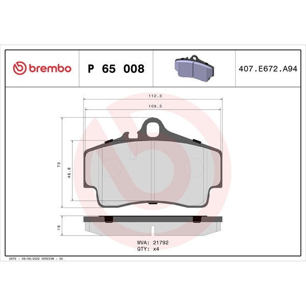 Bromsbeläggsats, Bakaxel Brembo P 65 008 BREMBO