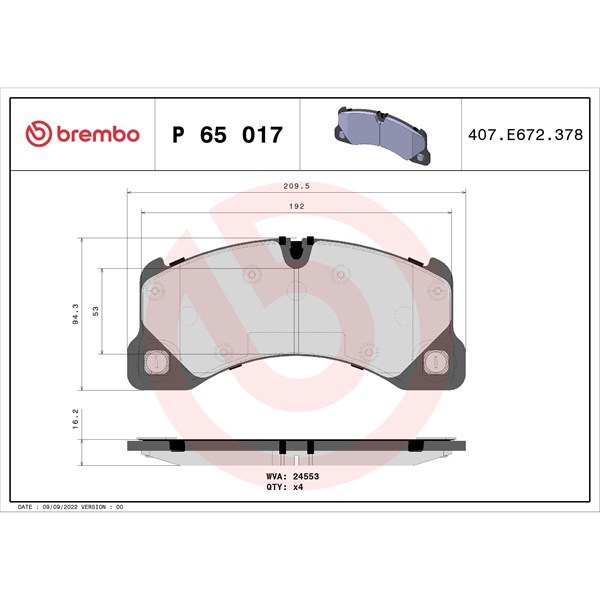 Bromsbeläggsats, Framaxel Brembo P 65 017 BREMBO