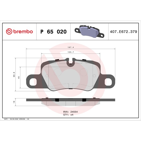 Bromsbeläggsats, Bakaxel Brembo P 65 020 BREMBO