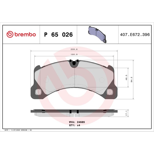 Bromsbeläggsats, Framaxel Brembo P 65 026 BREMBO