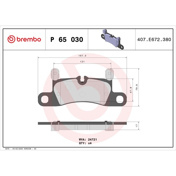 Bromsbeläggsats, Bakaxel Brembo P 65 030 BREMBO