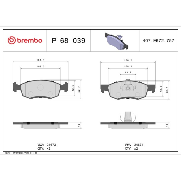 Bromsbeläggsats, Framaxel Brembo P 68 039 BREMBO