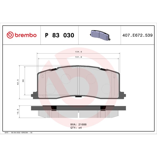 Bromsbeläggsats, Bakaxel Brembo P 83 030 BREMBO