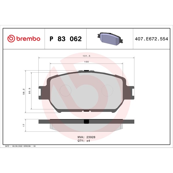 Bromsbeläggsats, Framaxel Brembo P 83 062 BREMBO