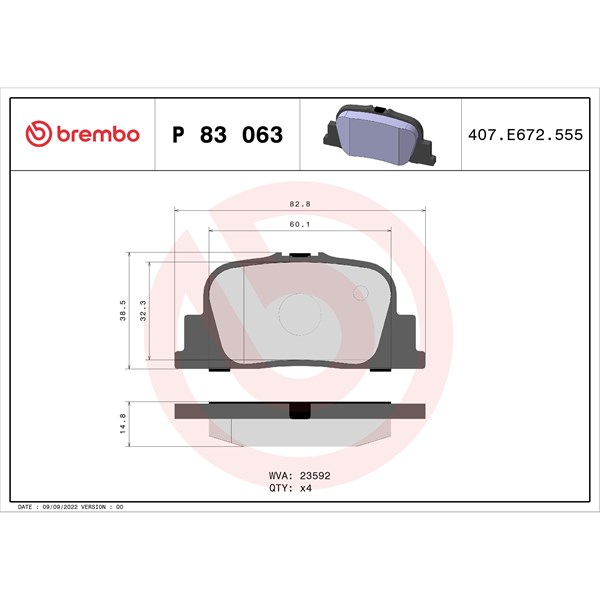 Bromsbeläggsats, Bakaxel Brembo P 83 063 BREMBO