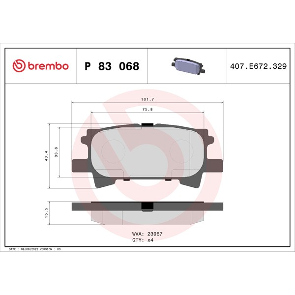 Bromsbeläggsats, Bakaxel Brembo P 83 068 BREMBO