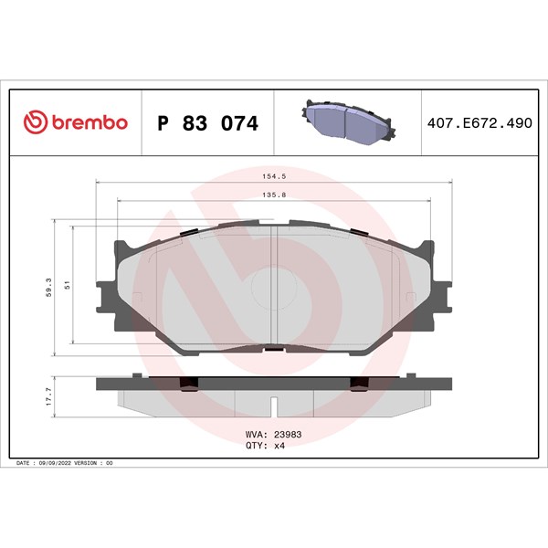 Bromsbeläggsats, Framaxel Brembo P 83 074 BREMBO