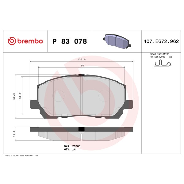 Bromsbeläggsats, Framaxel Brembo P 83 078 BREMBO