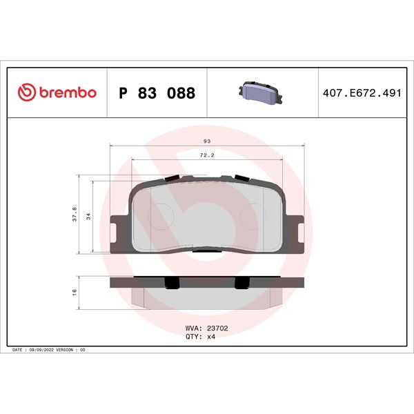Bromsbeläggsats, Bakaxel Brembo P 83 088 BREMBO