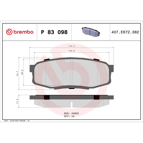 Bromsbeläggsats, Bakaxel Brembo P 83 098 BREMBO