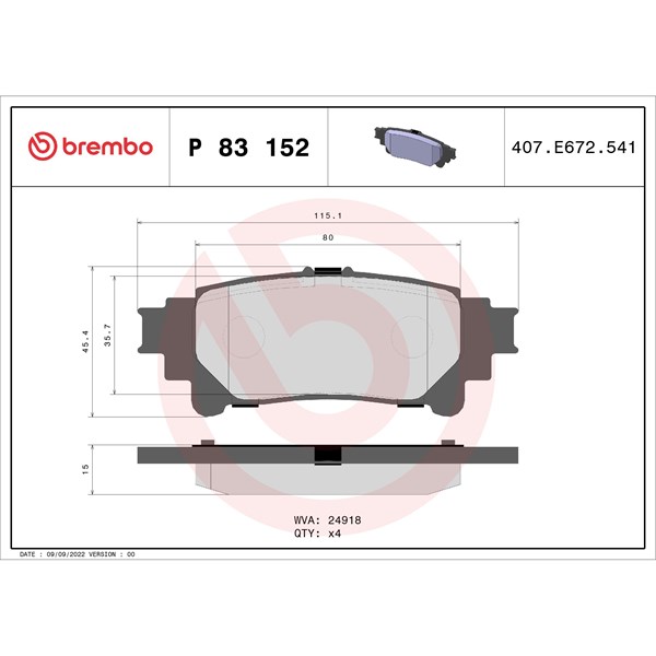 Bromsbeläggsats, Bakaxel Brembo P 83 152 BREMBO