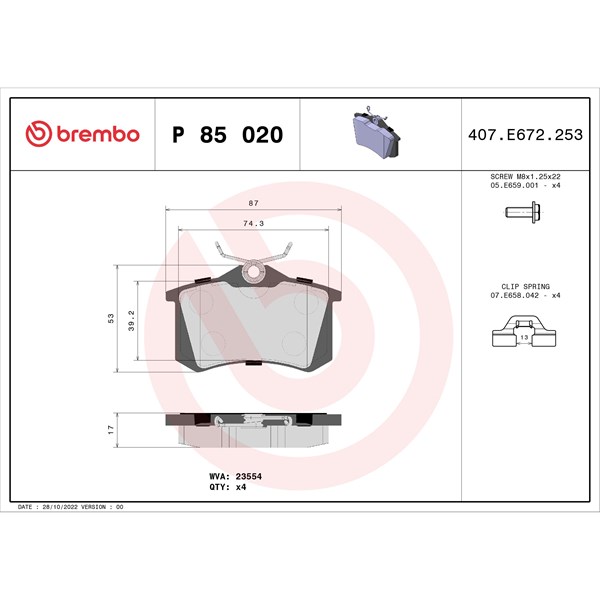 Bromsbeläggsats, Bakaxel BREMBO
