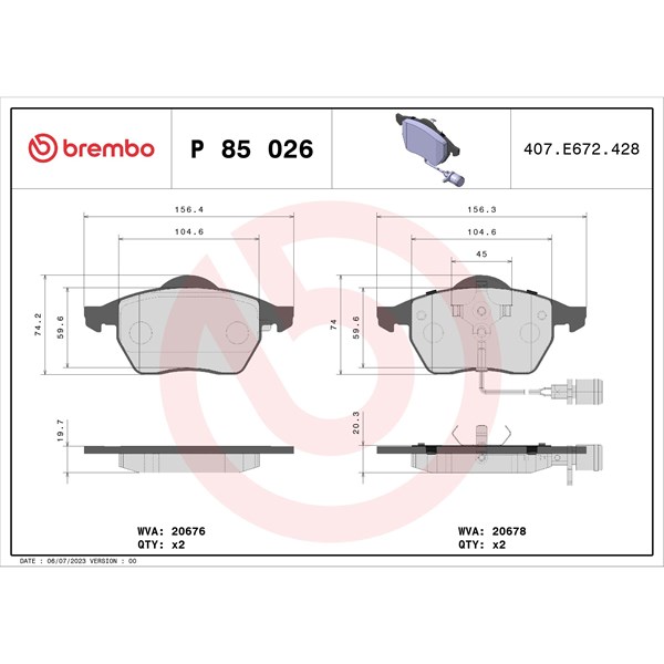 Bromsbeläggsats, Framaxel Brembo P 85 026 BREMBO