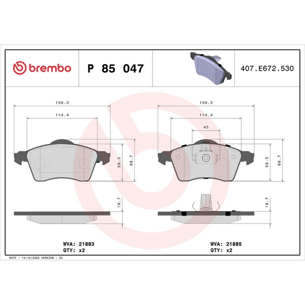 Bromsbeläggsats, Framaxel Brembo P 85 047 BREMBO