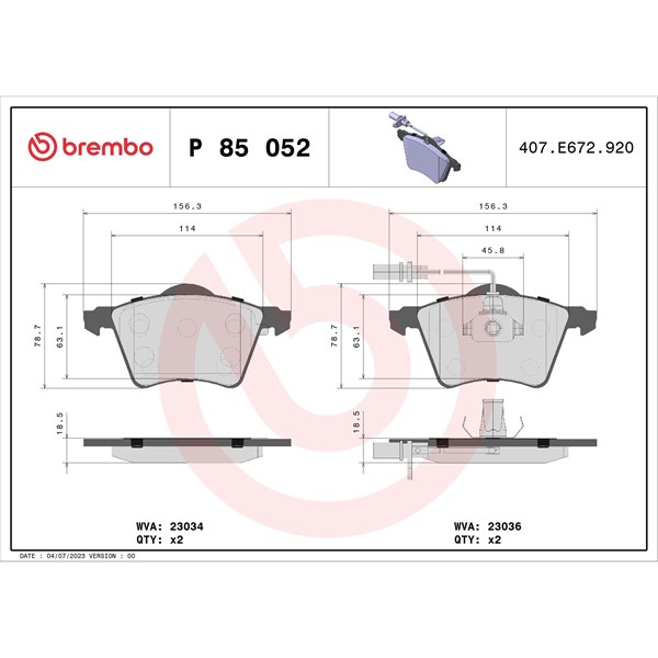 Bromsbeläggsats, Framaxel Brembo P 85 052 BREMBO