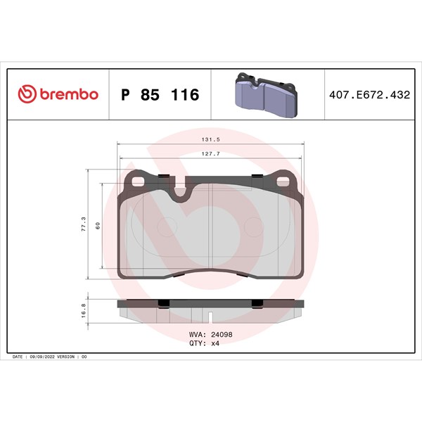 Bromsbeläggsats, Bakaxel, Framaxel Brembo P 85 116 BREMBO