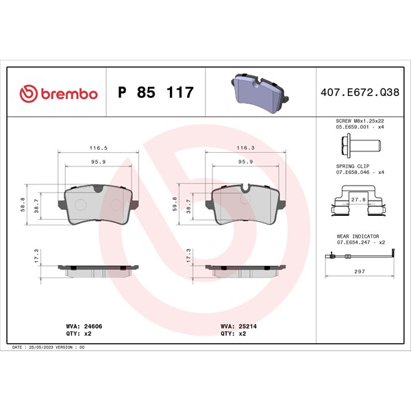 Bromsbeläggsats, Bakaxel Brembo P 85 117 BREMBO