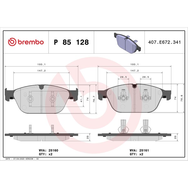 Bromsbeläggsats, Framaxel Brembo P 85 128 BREMBO