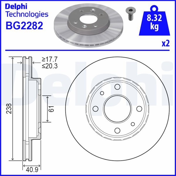 Bromsskiva Ventilerad, Framaxel Delphi BG2282 DELPHI