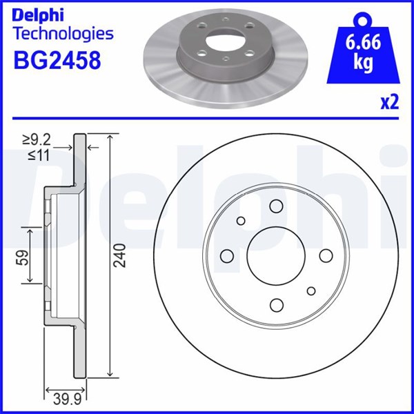 Bromsskiva Solid, Bakaxel, Framaxel Delphi BG2458 DELPHI
