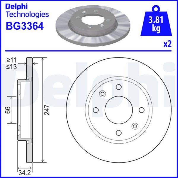 Bromsskiva Solid, Framaxel Delphi BG3364 DELPHI