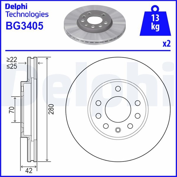 Bromsskiva Ventilerad, Framaxel Delphi BG3405 DELPHI