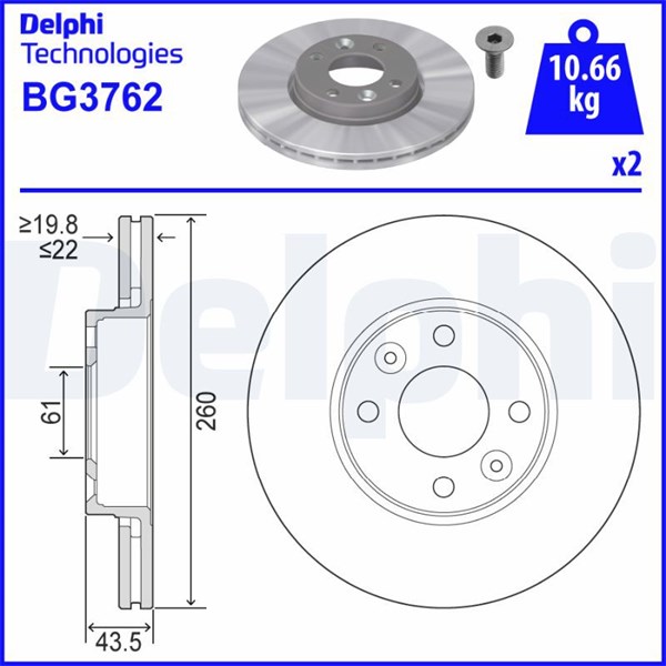 Bromsskiva Ventilerad, Framaxel Delphi BG3762 DELPHI