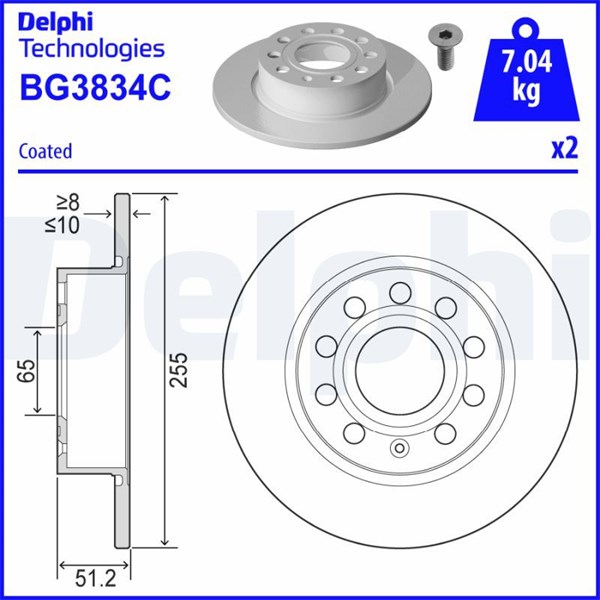 Bromsskiva Solid, Bakaxel Delphi BG3834C DELPHI