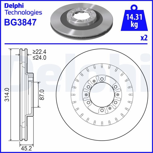 Bromsskiva Ventilerad, Framaxel Delphi BG3847 DELPHI