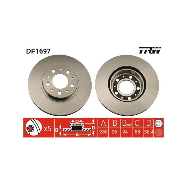 Bromsskiva Ventilerad, Framaxel Trw DF1697 TRW