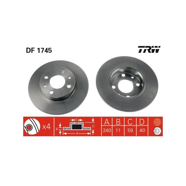 Bromsskiva Solid, Framaxel, Bakaxel Trw DF1745 TRW