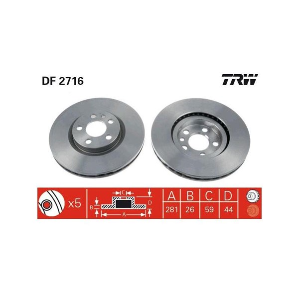 Bromsskiva Ventilerad, Framaxel Trw DF2716 TRW