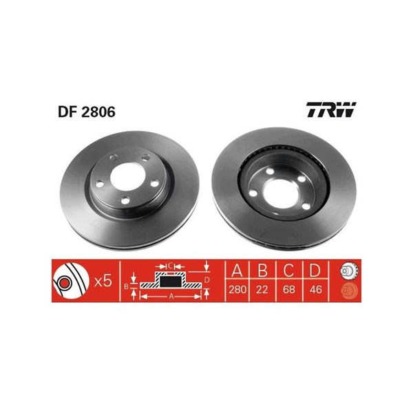 Bromsskiva Ventilerad, Framaxel, Bakaxel Trw DF2806 TRW