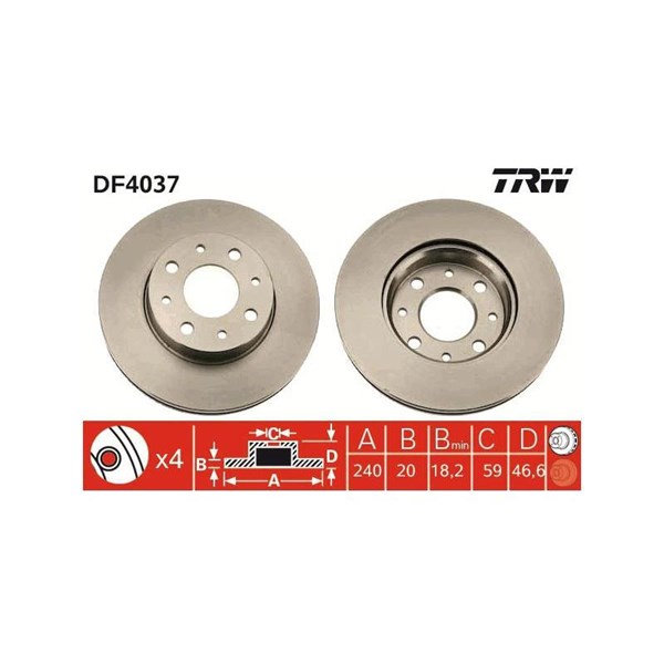 Bromsskiva Ventilerad, Bakaxel, Framaxel Trw DF4037 TRW