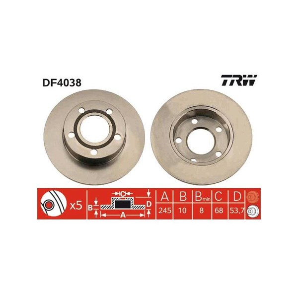 Bromsskiva Solid, Bakaxel Trw DF4038 TRW Bromsskiva Solid, Bakaxel Trw DF4038 TRW
