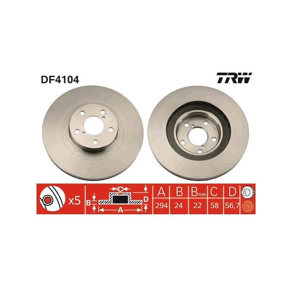 Bromsskiva Ventilerad, Framaxel, Bakaxel Trw DF4104 TRW