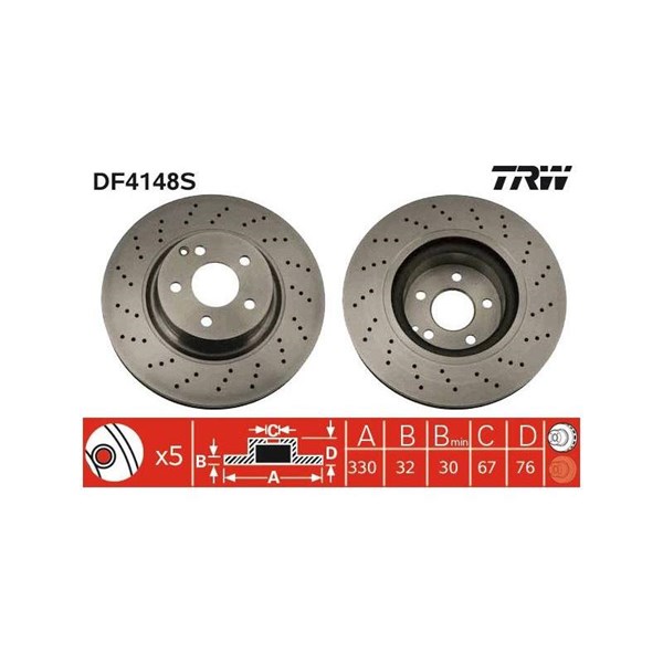 Bromsskiva Slitsad/hålad, Framaxel Trw DF4148S TRW