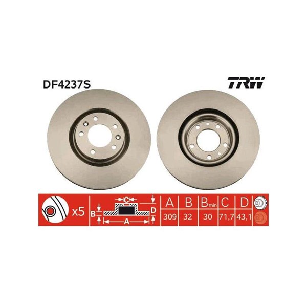 Bromsskiva Ventilerad, Framaxel Trw DF4237S TRW