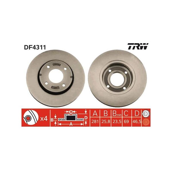 Bromsskiva Ventilerad, Framaxel Trw DF4311 TRW