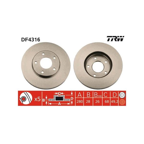 Bromsskiva Ventilerad, Framaxel Trw DF4316 TRW