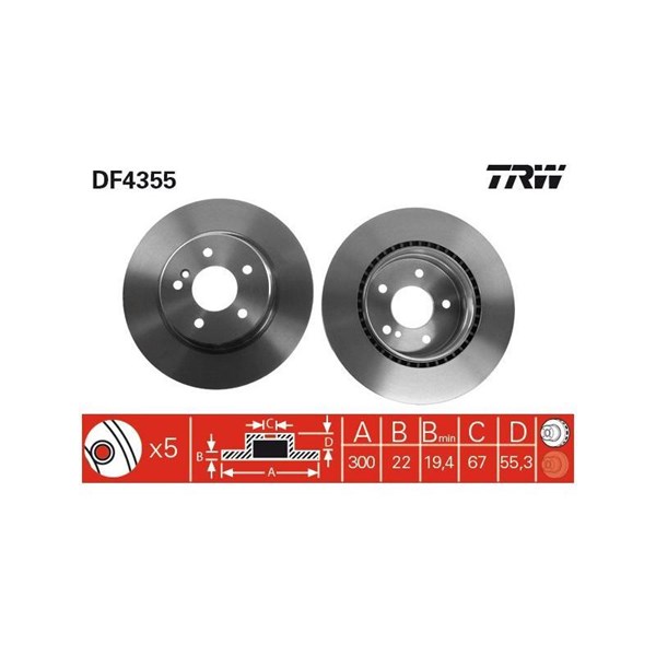 Bromsskiva Ventilerad, Bakaxel Trw DF4355 TRW