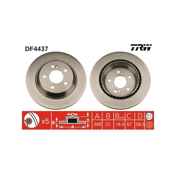 Bromsskiva Ventilerad, Bakaxel Trw DF4437 TRW