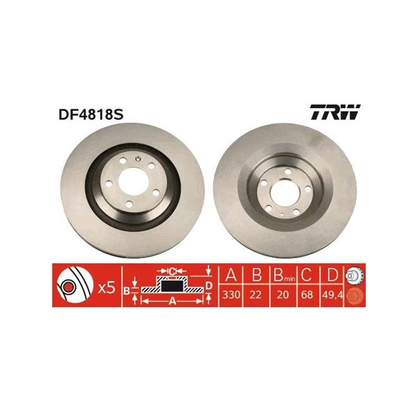 Bromsskiva Ventilerad, Bakaxel Trw DF4818S TRW