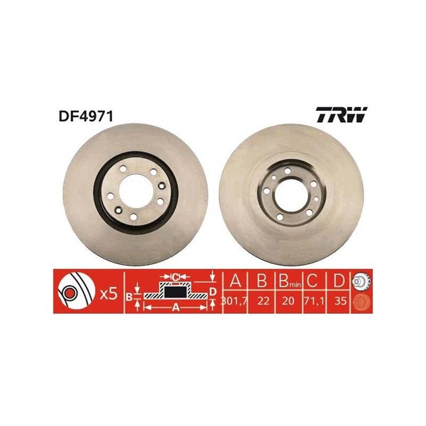 Bromsskiva Ventilerad, Bakaxel Trw DF4971 TRW